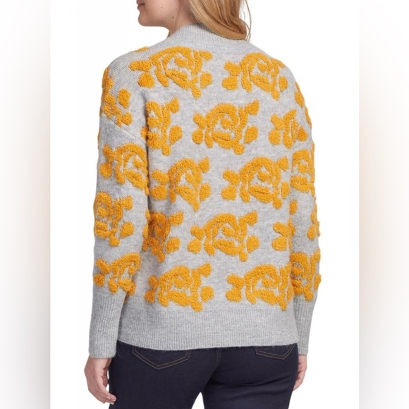 TRIBAL Woman’s V-Neck Intarsia Gray Inlay Floral Accent Sweater-Sunset Large - Picture 3 of 16